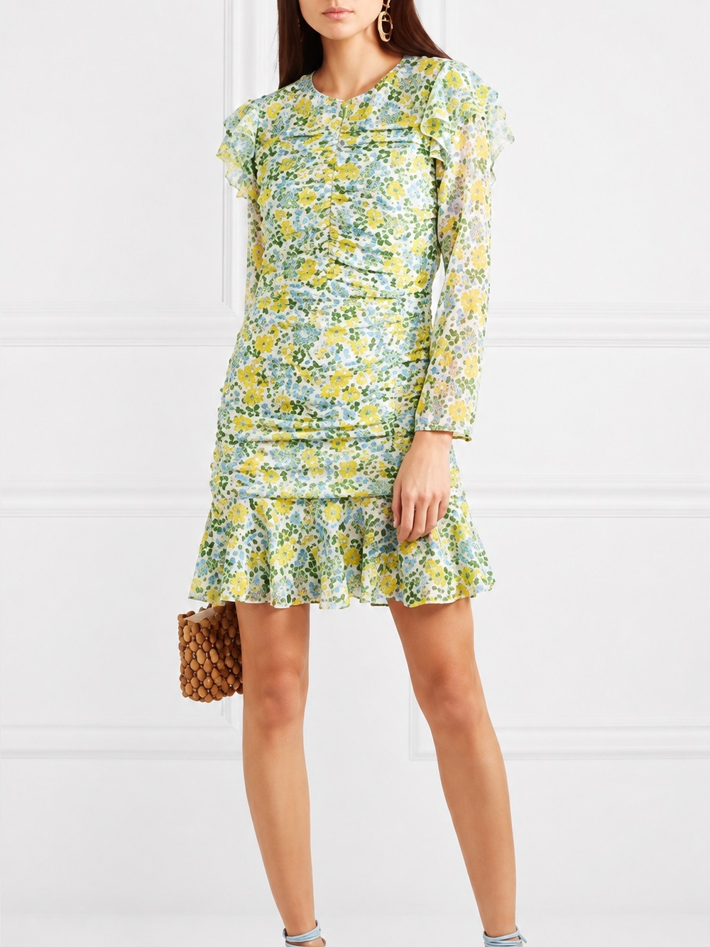 Veronica Beard Floral Ruched Ruffle Mini Dress Size 2 Retail NWOT